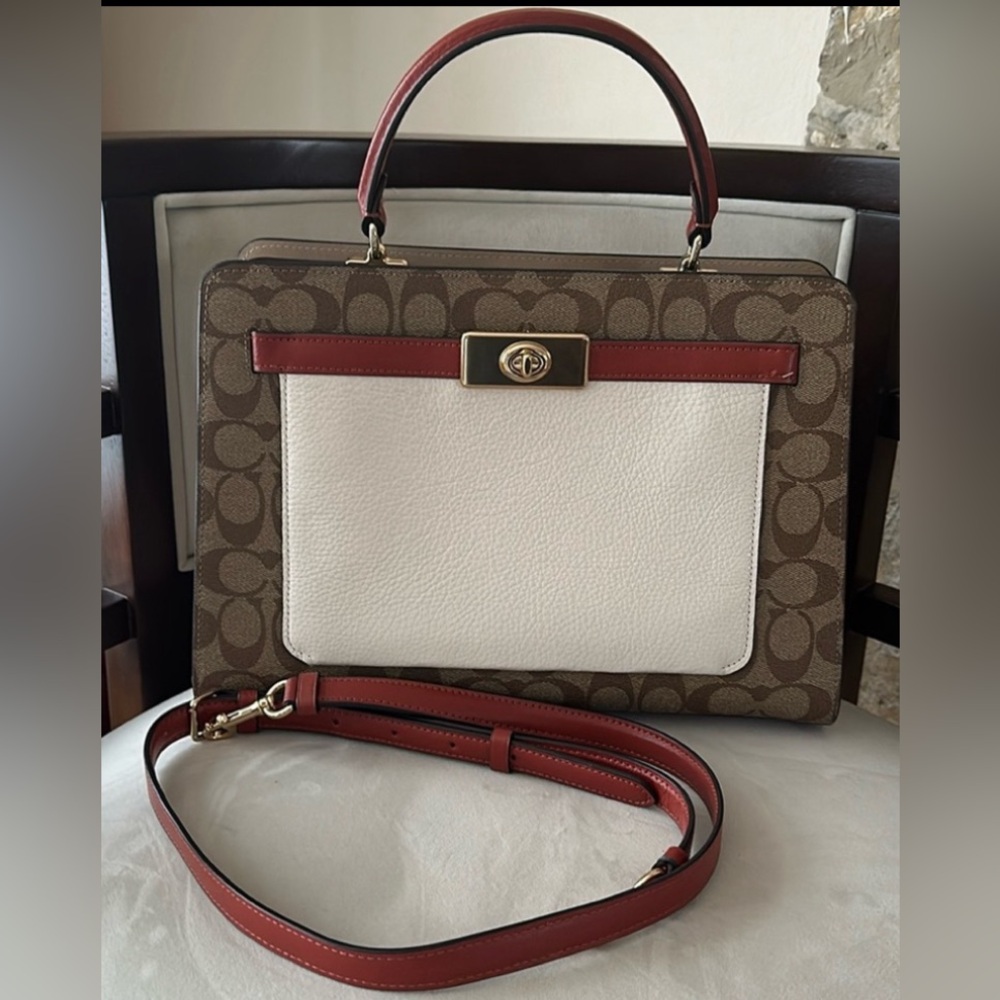 Gorgeous Coach top handle bag burgundy cream and logo print tan NWT